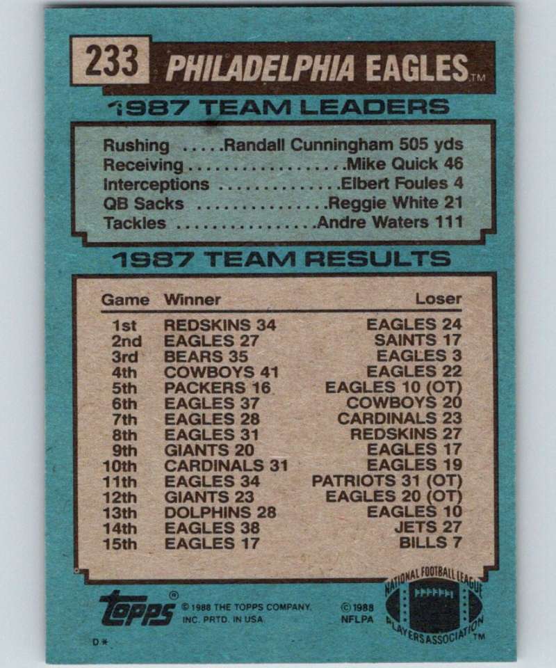 1988 Topps #233 Randall Cunningham Eagles TL NFL Football Image 2