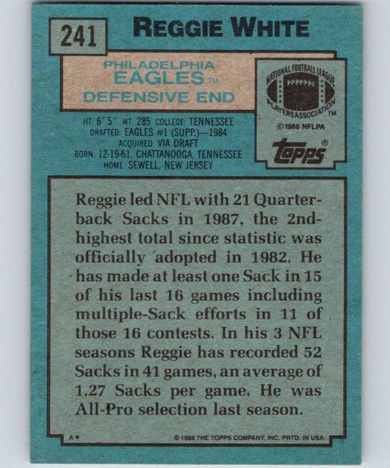 1988 Topps #241 Reggie White Eagles AP NFL Football