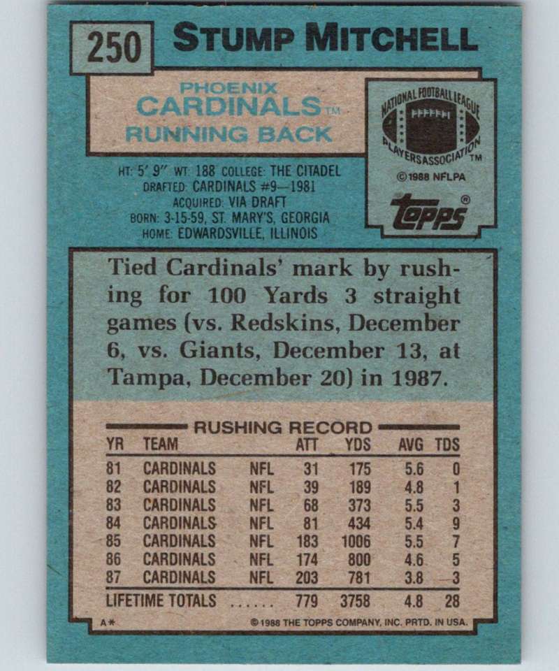 1988 Topps #250 Stump Mitchell Cardinals NFL Football Image 2