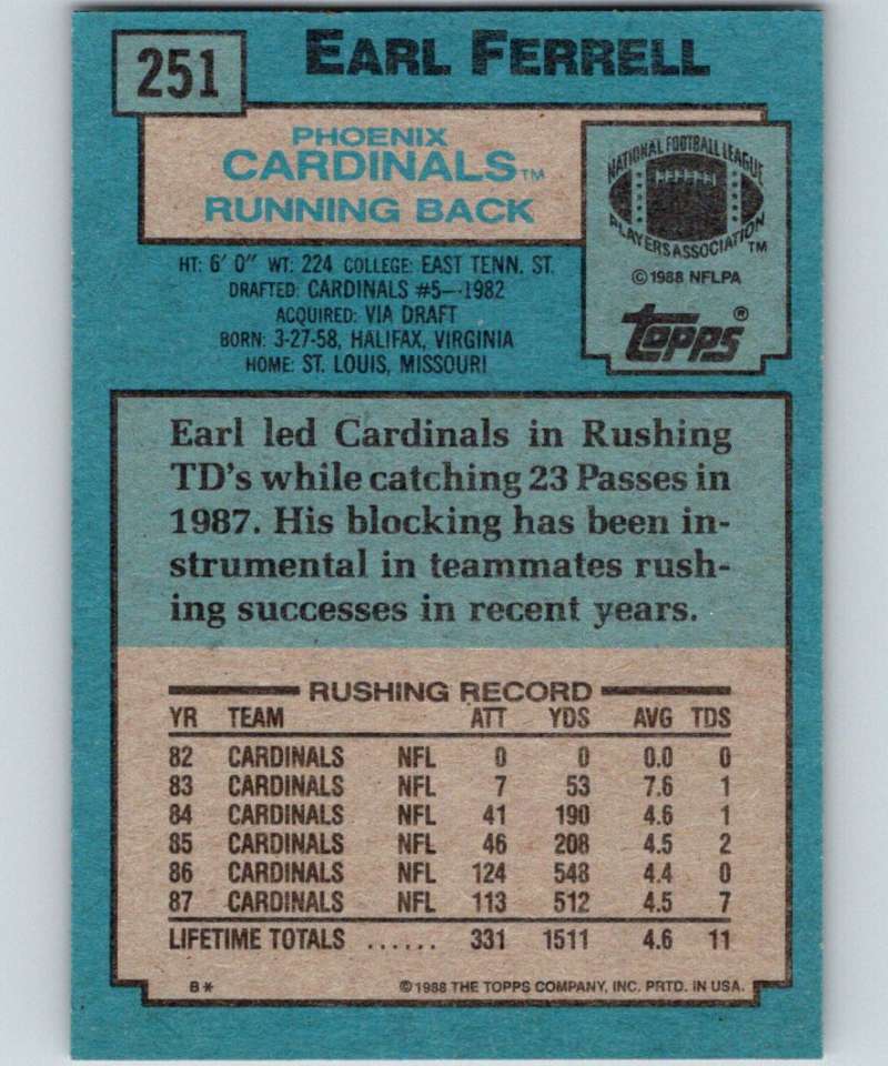 1988 Topps #251 Earl Ferrell Cardinals NFL Football Image 2