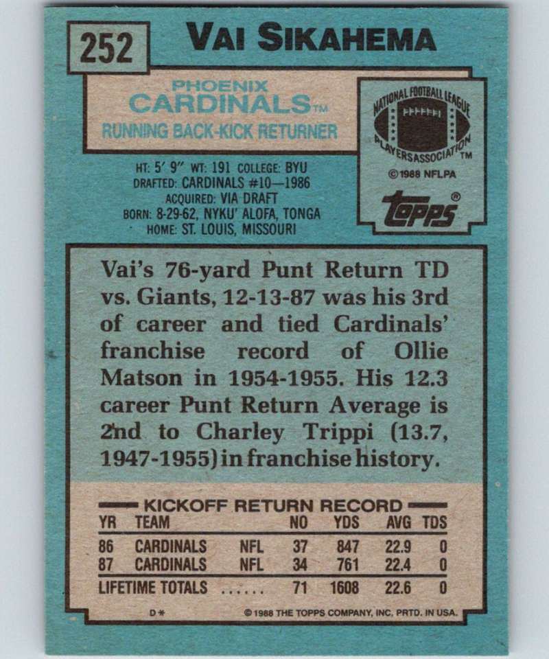 1988 Topps #252 Vai Sikahema Cardinals NFL Football Image 2