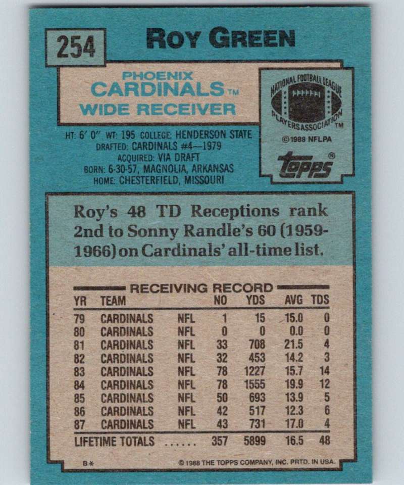 1988 Topps #254 Roy Green Cardinals NFL Football Image 2