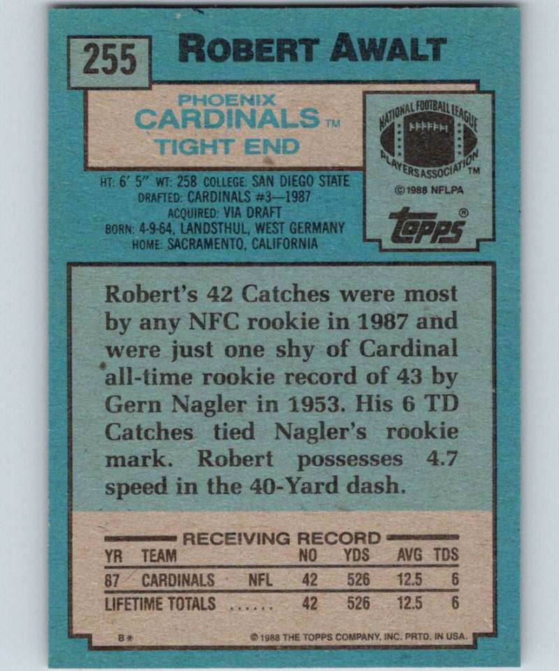 1988 Topps #255 Robert Awalt RC Rookie Cardinals NFL Football Image 2