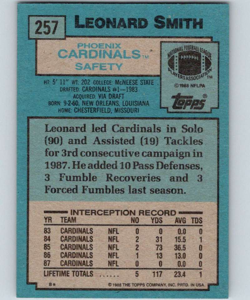 1988 Topps #257 Leonard Smith RC Rookie Cardinals NFL Football Image 2