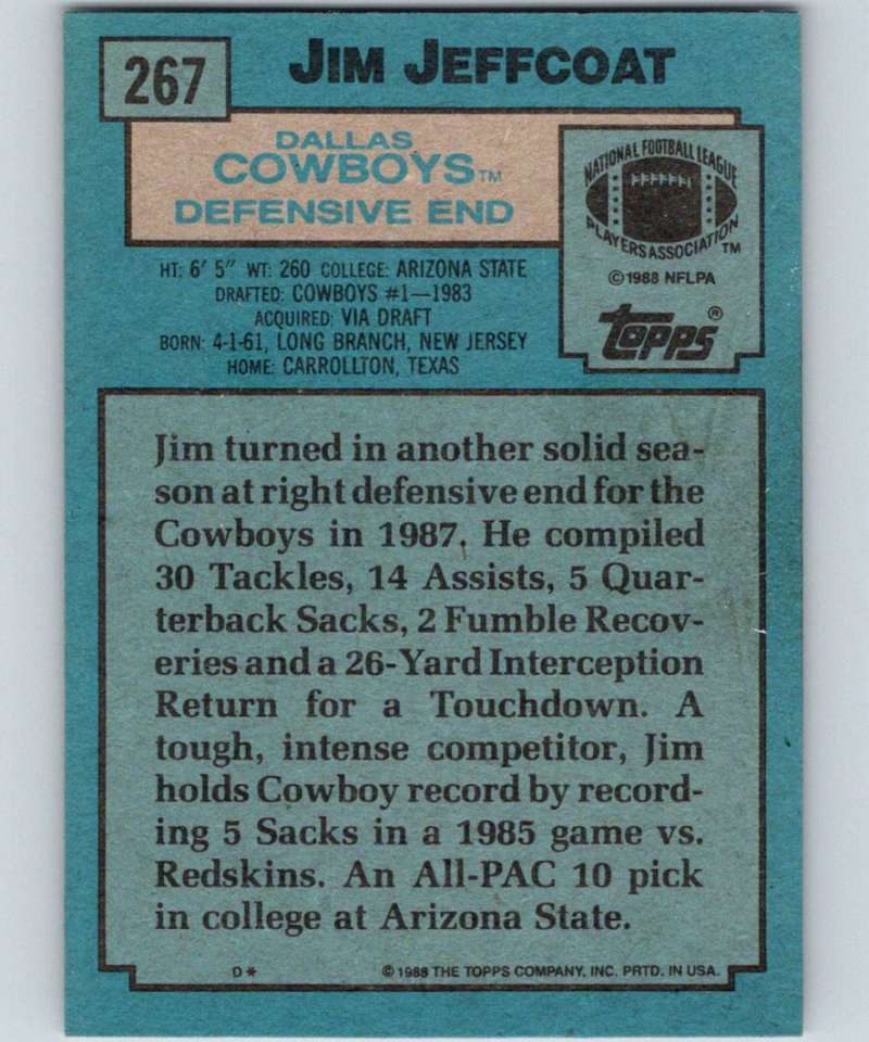 1988 Topps #267 Jim Jeffcoat Cowboys NFL Football Image 2