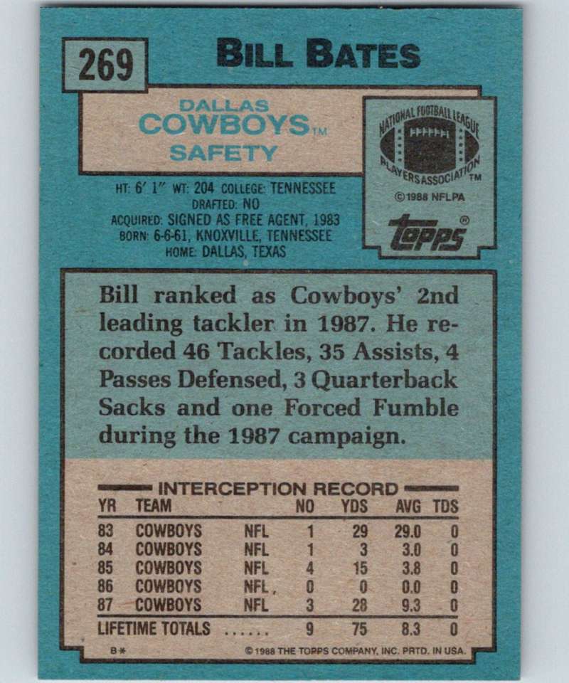 1988 Topps #269 Bill Bates Cowboys NFL Football