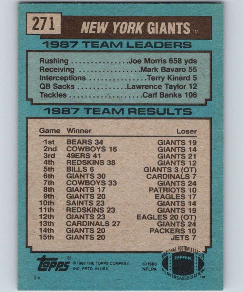 1988 Topps #271 Mark Bavaro NY Giants TL NFL Football Image 2