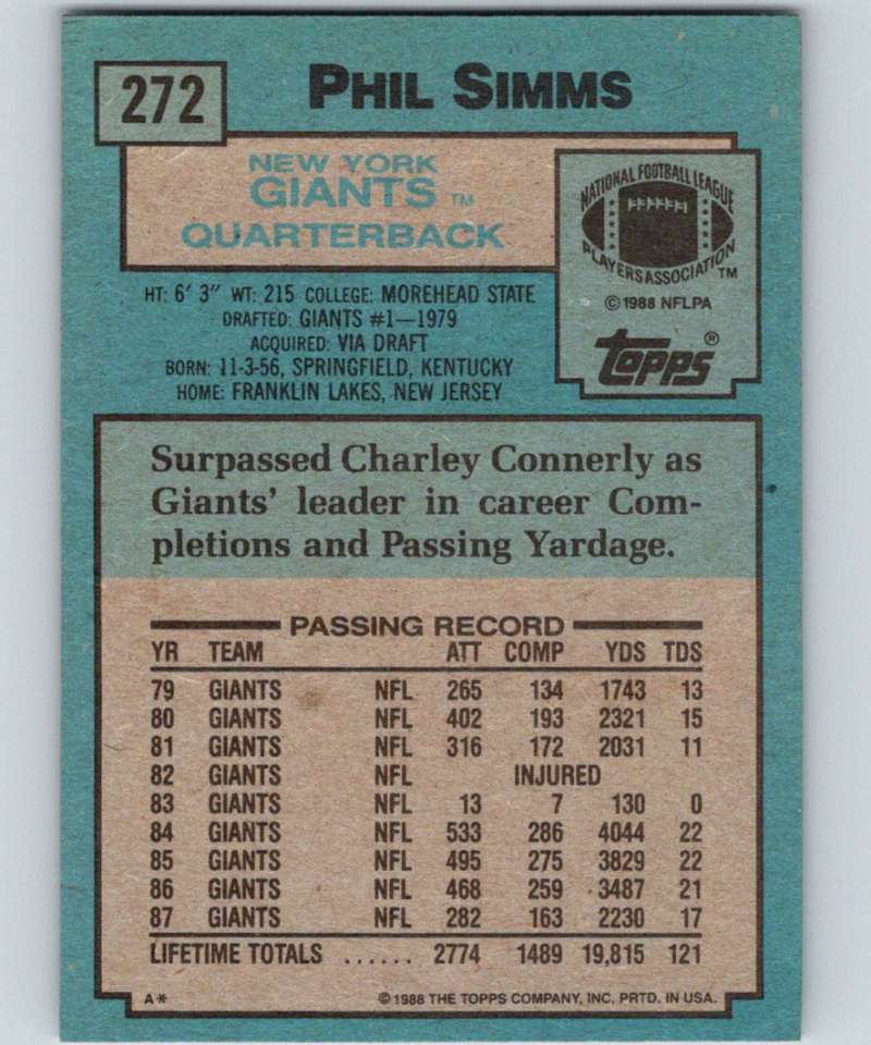 1988 Topps #272 Phil Simms NY Giants NFL Football Image 2