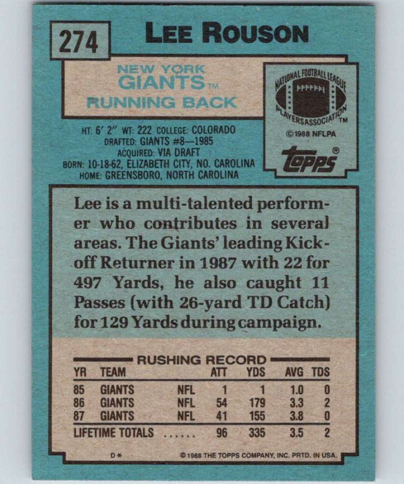 1988 Topps #274 Lee Rouson NY Giants NFL Football Image 2