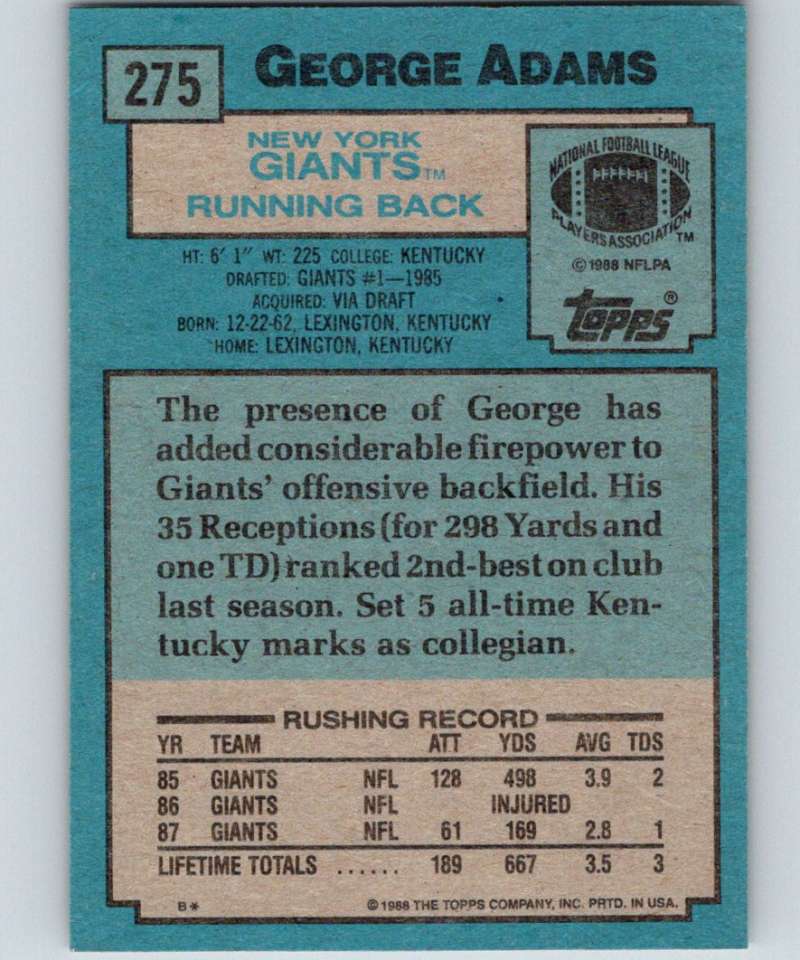 1988 Topps #275 George Adams NY Giants NFL Football Image 2