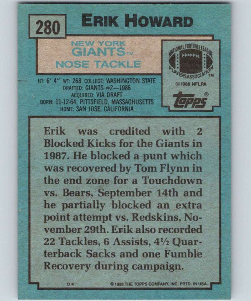 1988 Topps #280 Erik Howard NY Giants NFL Football Image 2