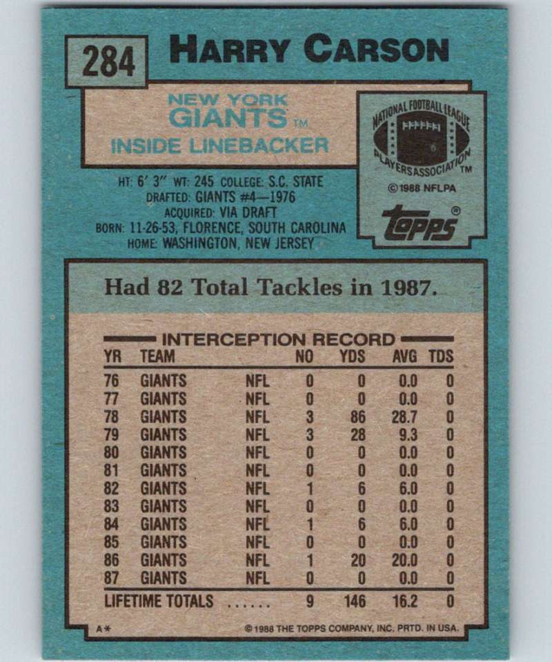 1988 Topps #284 Harry Carson NY Giants NFL Football