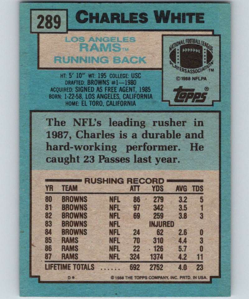 1988 Topps #289 Charles White LA Rams NFL Football