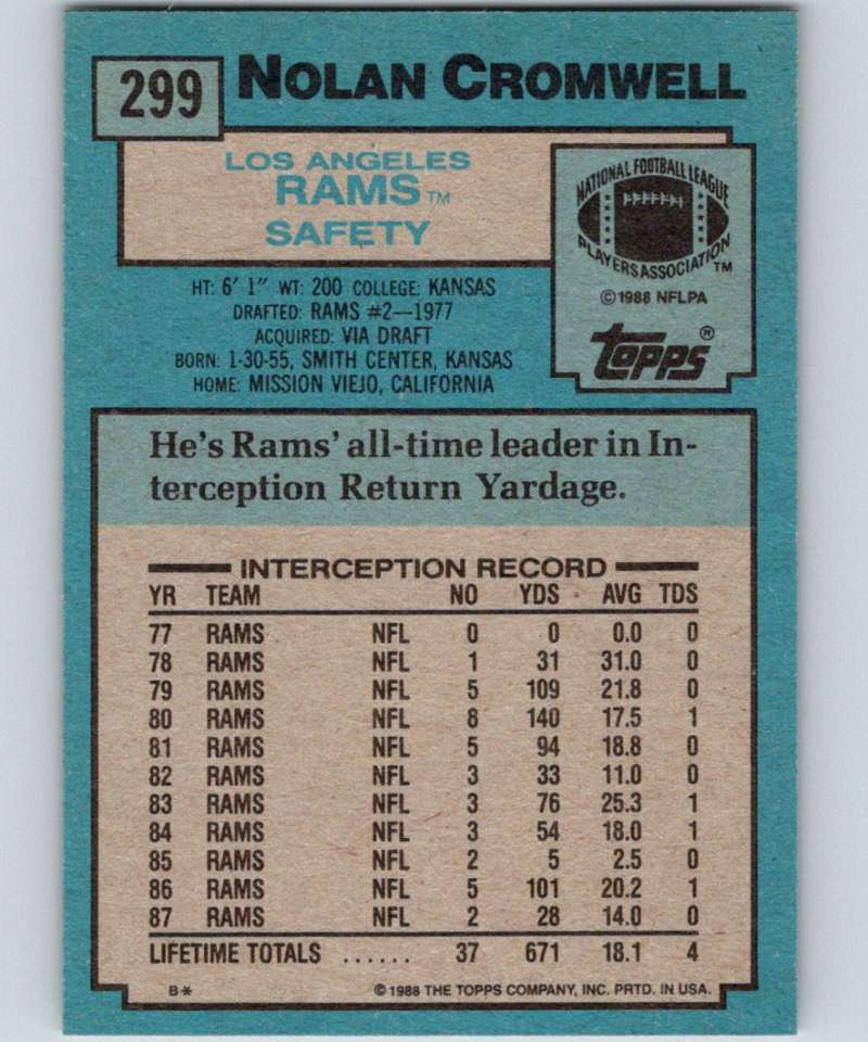 1988 Topps #299 Nolan Cromwell LA Rams NFL Football Image 2
