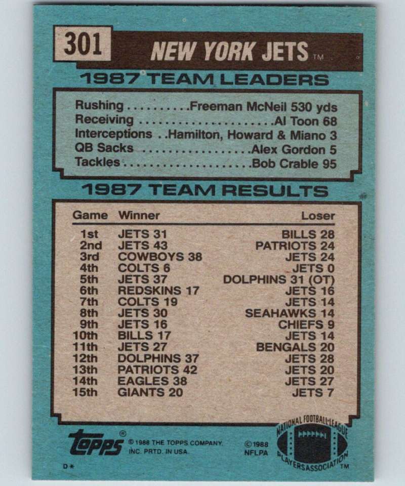 1988 Topps #301 Ken O'Brien NY Jets TL NFL Football Image 2