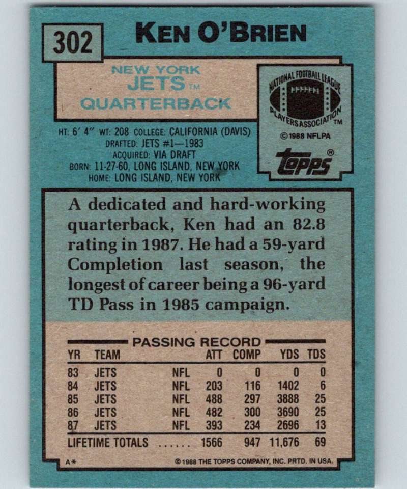 1988 Topps #302 Ken O'Brien NY Jets NFL Football Image 2