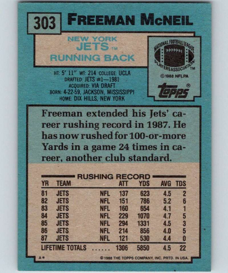 1988 Topps #303 Freeman McNeil NY Jets NFL Football Image 2