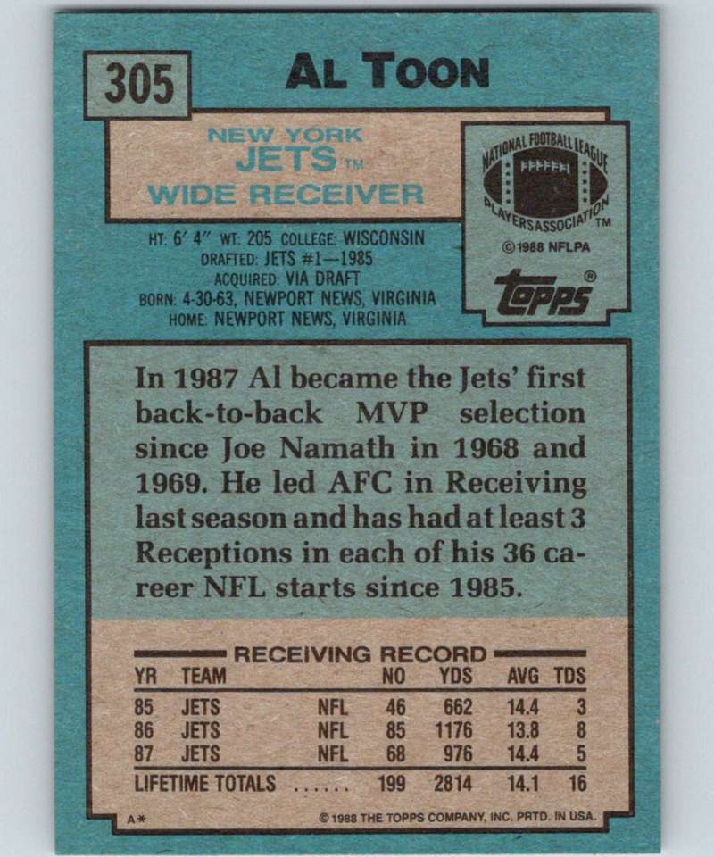1988 Topps #305 Al Toon NY Jets NFL Football Image 2