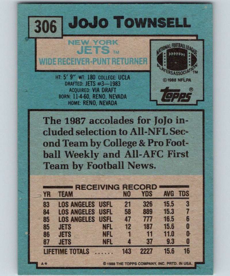 1988 Topps #306 Jo Jo Townsell RC Rookie NY Jets NFL Football Image 2