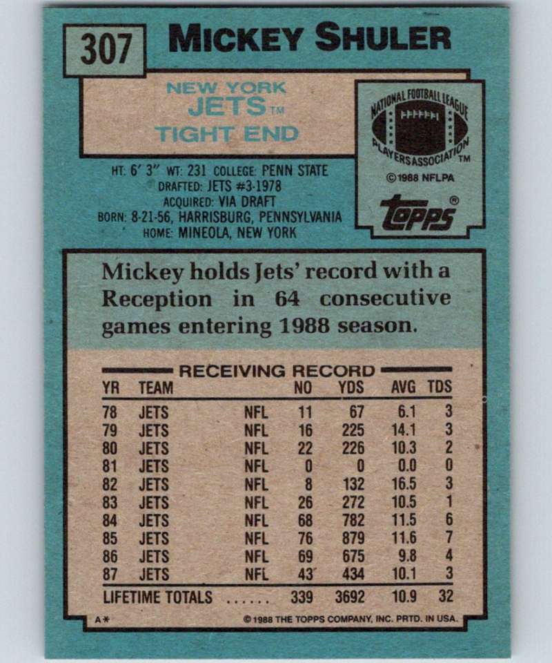 1988 Topps #307 Mickey Shuler NY Jets NFL Football Image 2