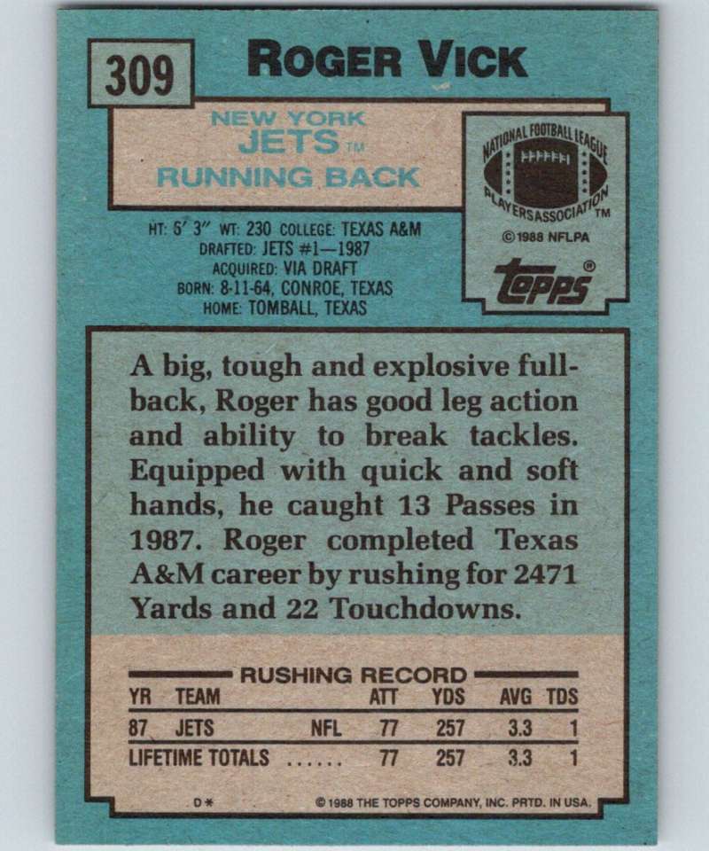 1988 Topps #309 Roger Vick NY Jets NFL Football Image 2