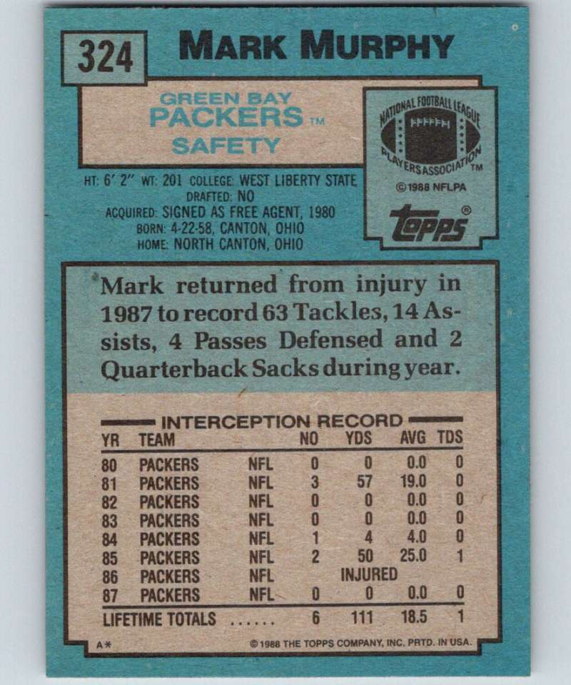 1988 Topps #324 Mark Murphy Packers NFL Football Image 2
