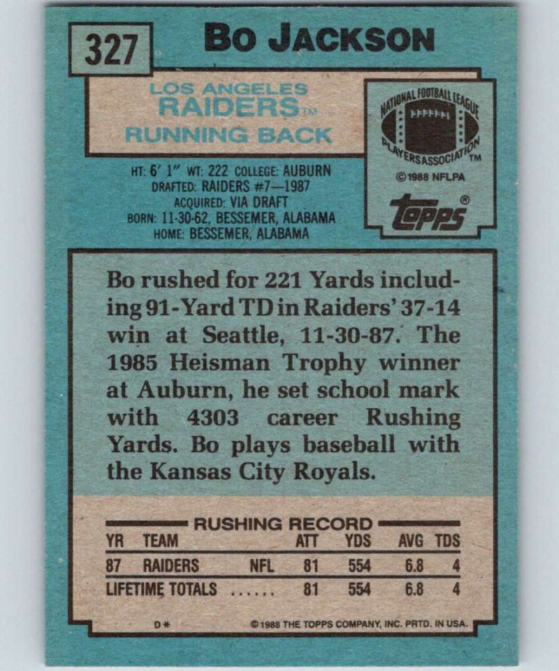 1988 Topps #327 Bo Jackson RC Rookie LA Raiders NFL Football