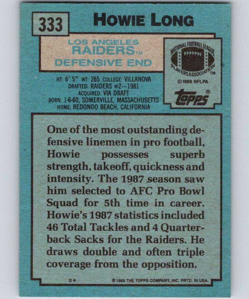 1988 Topps #333 Howie Long LA Raiders NFL Football