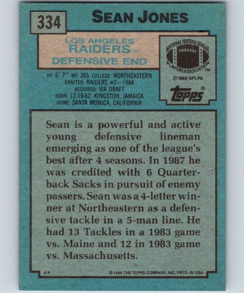 1988 Topps #334 Sean Jones LA Raiders NFL Football Image 2