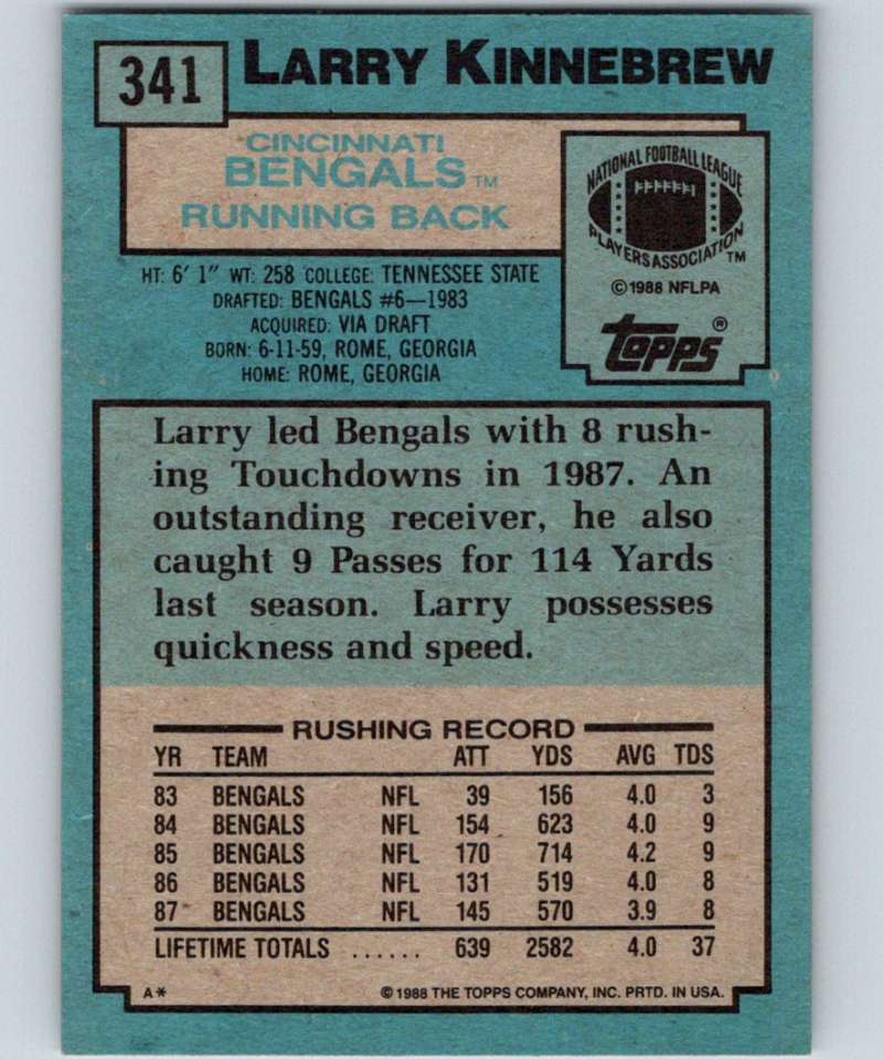 1988 Topps #341 Larry Kinnebrew Bengals NFL Football Image 2