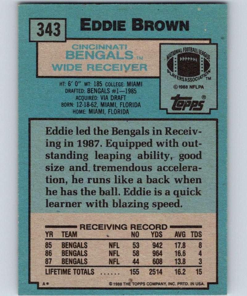 1988 Topps #343 Eddie Brown Bengals NFL Football Image 2
