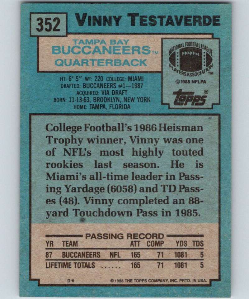 1988 Topps #352 Vinny Testaverde RC Rookie Buccaneers NFL Football Image 2