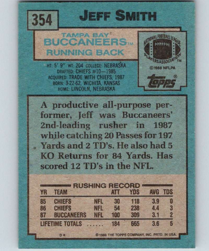 1988 Topps #354 Jeff Smith Buccaneers NFL Football Image 2
