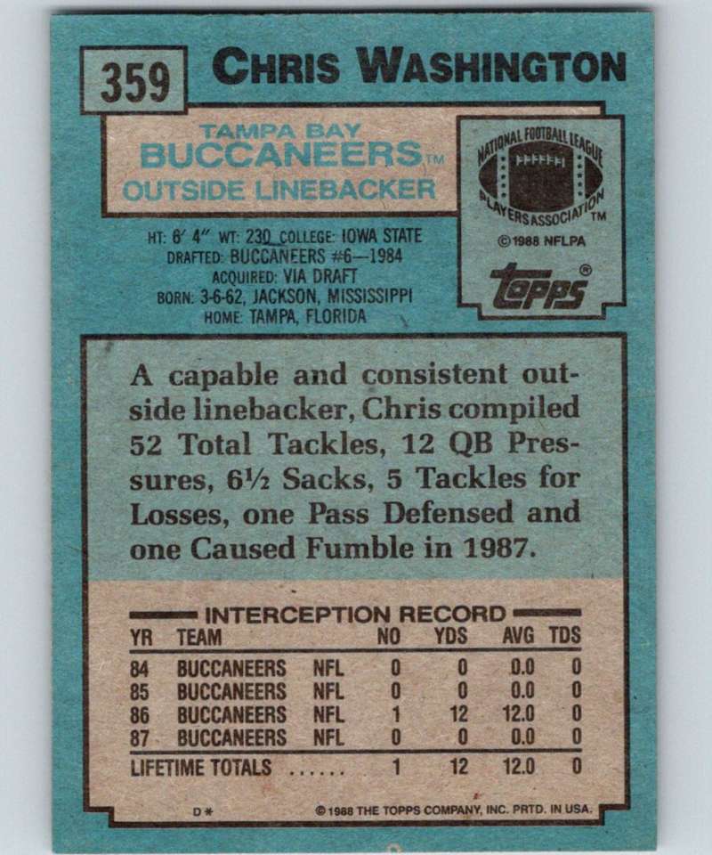 1988 Topps #359 Chris Washington Buccaneers NFL Football Image 2