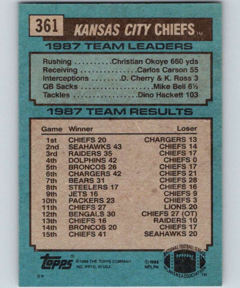 1988 Topps #361 Bill Kenney Chiefs TL NFL Football Image 2