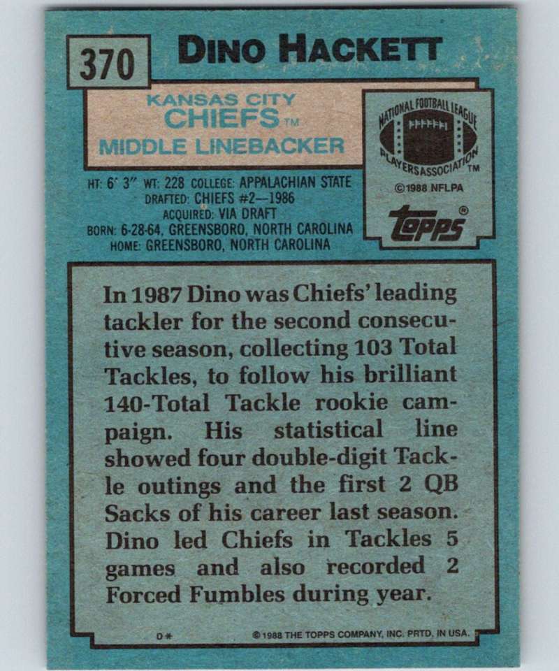 1988 Topps #370 Dino Hackett RC Rookie Chiefs NFL Football Image 2