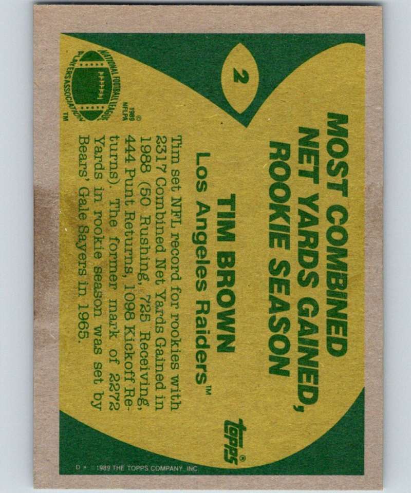 1989 Topps #2 Tim Brown LA Raiders RB NFL Football Image 2