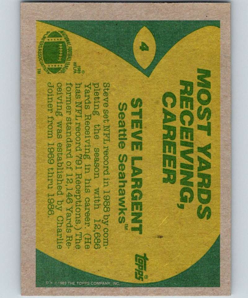 1989 Topps #4 Steve Largent Seahawks RB NFL Football Image 2