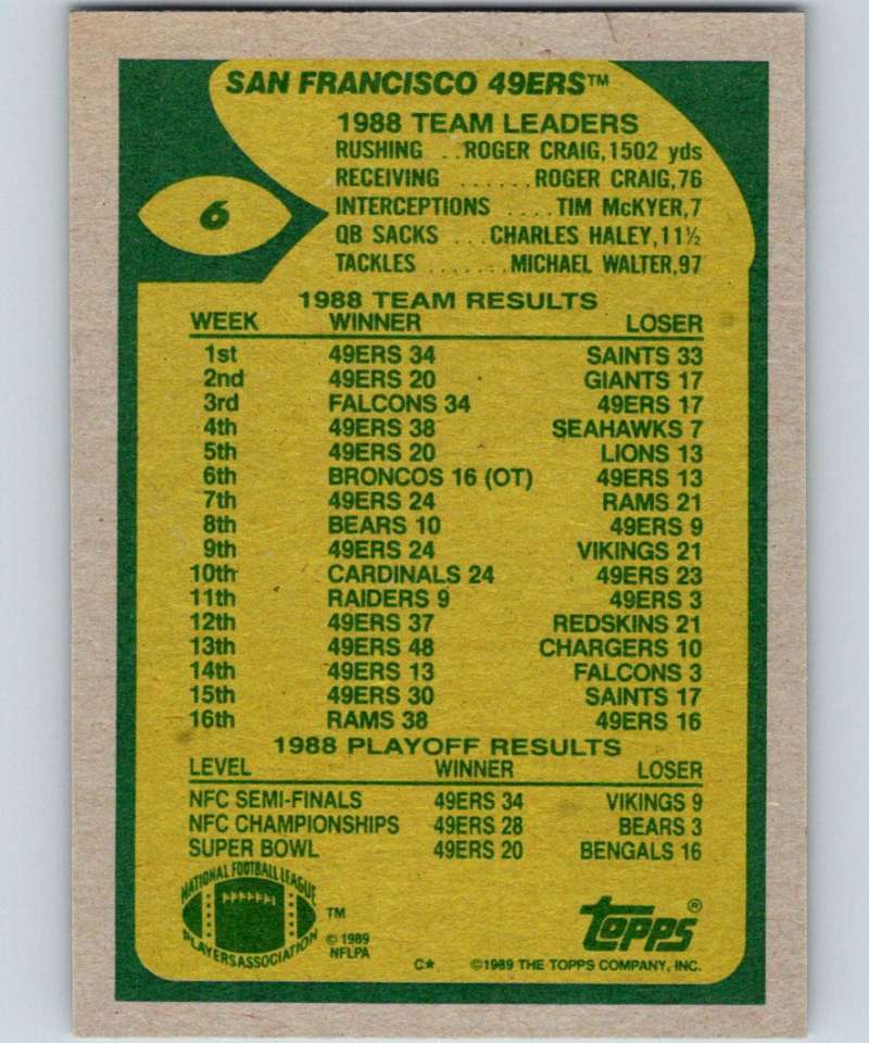 1989 Topps #6 Joe Montana 49ers TL NFL Football