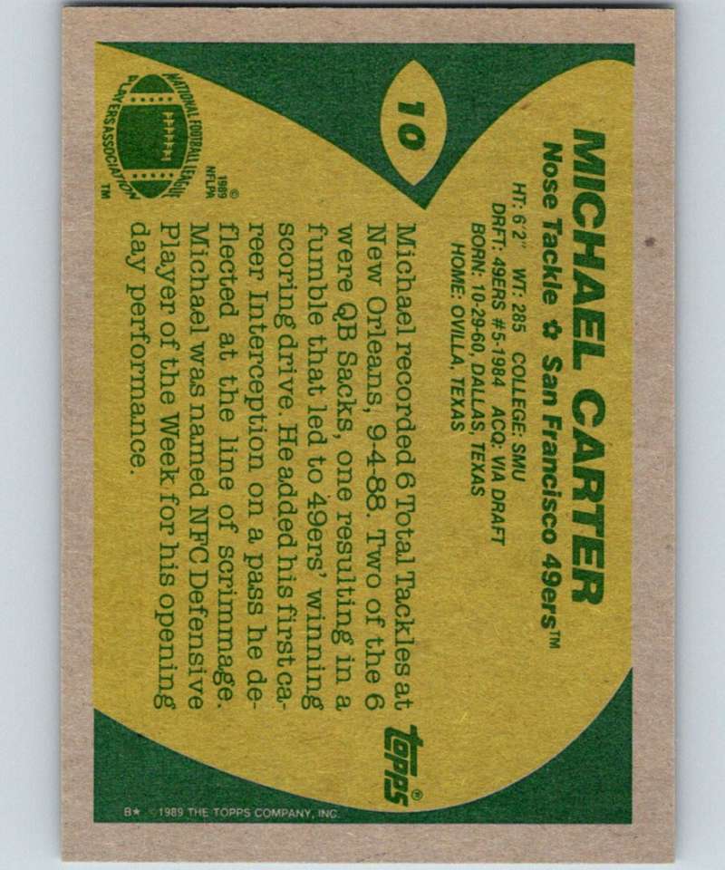 1989 Topps #10 Michael Carter 49ers NFL Football Image 2