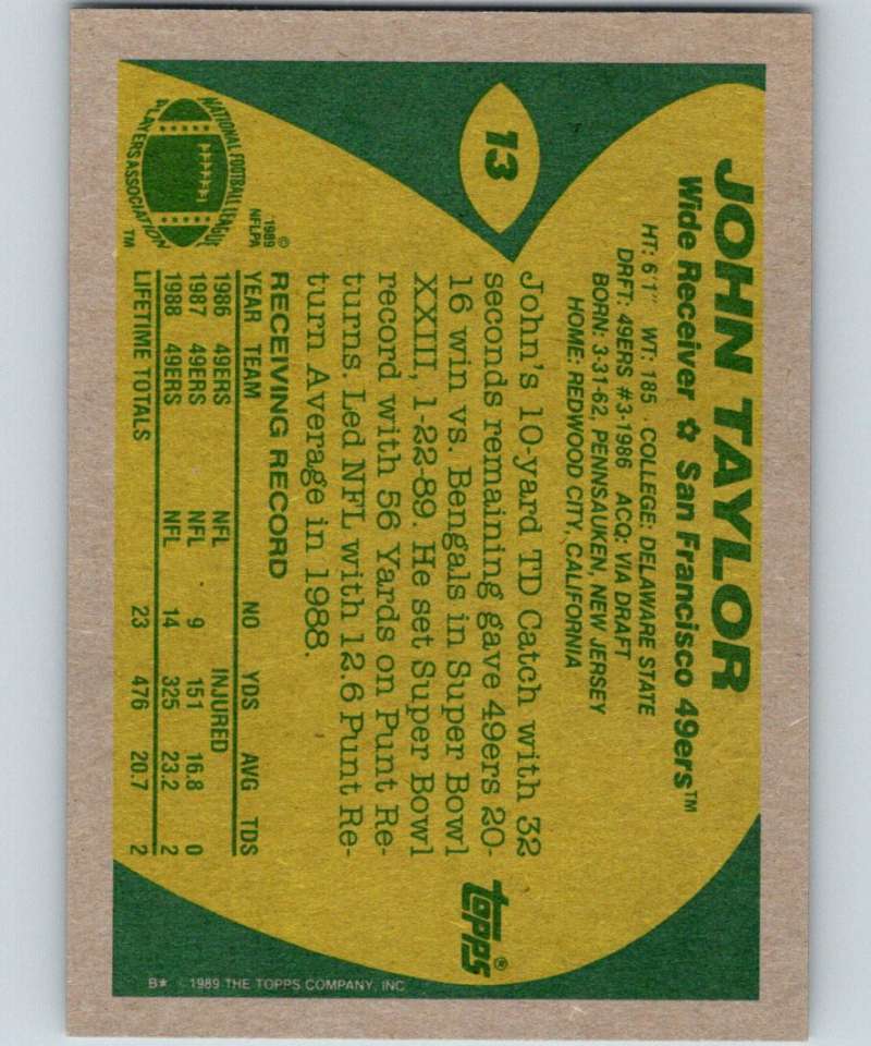 1989 Topps #13 John Taylor RC Rookie 49ers NFL Football