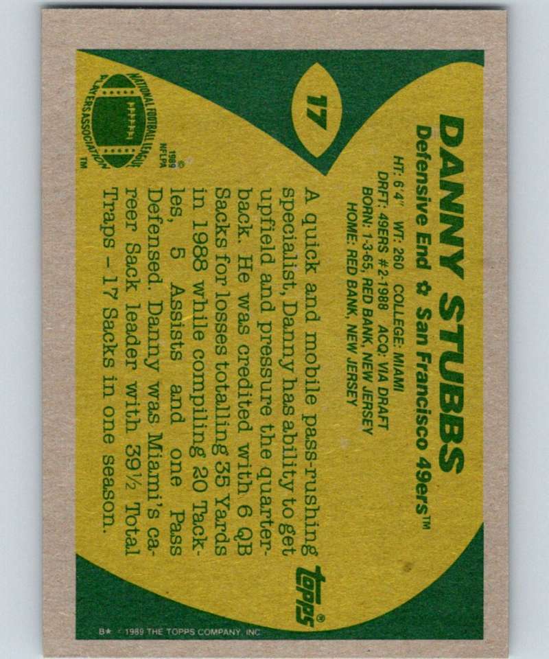 1989 Topps #17 Daniel Stubbs RC Rookie 49ers NFL Football Image 2