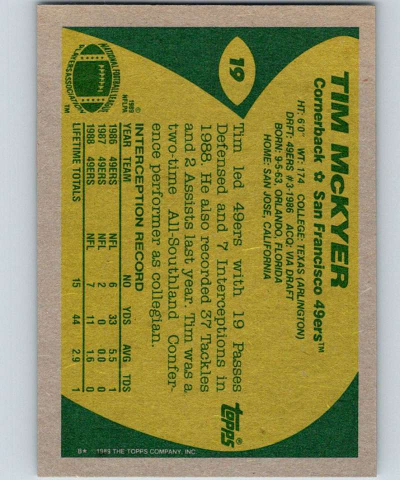 1989 Topps #19 Tim McKyer 49ers NFL Football