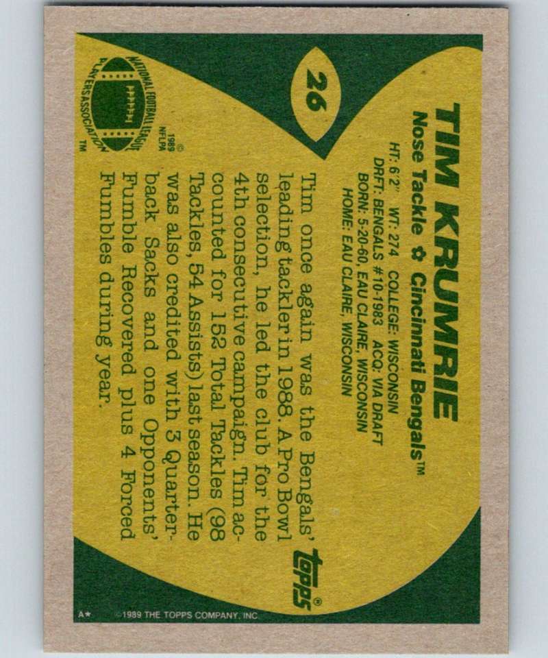 1989 Topps #26 Tim Krumrie Bengals NFL Football Image 2