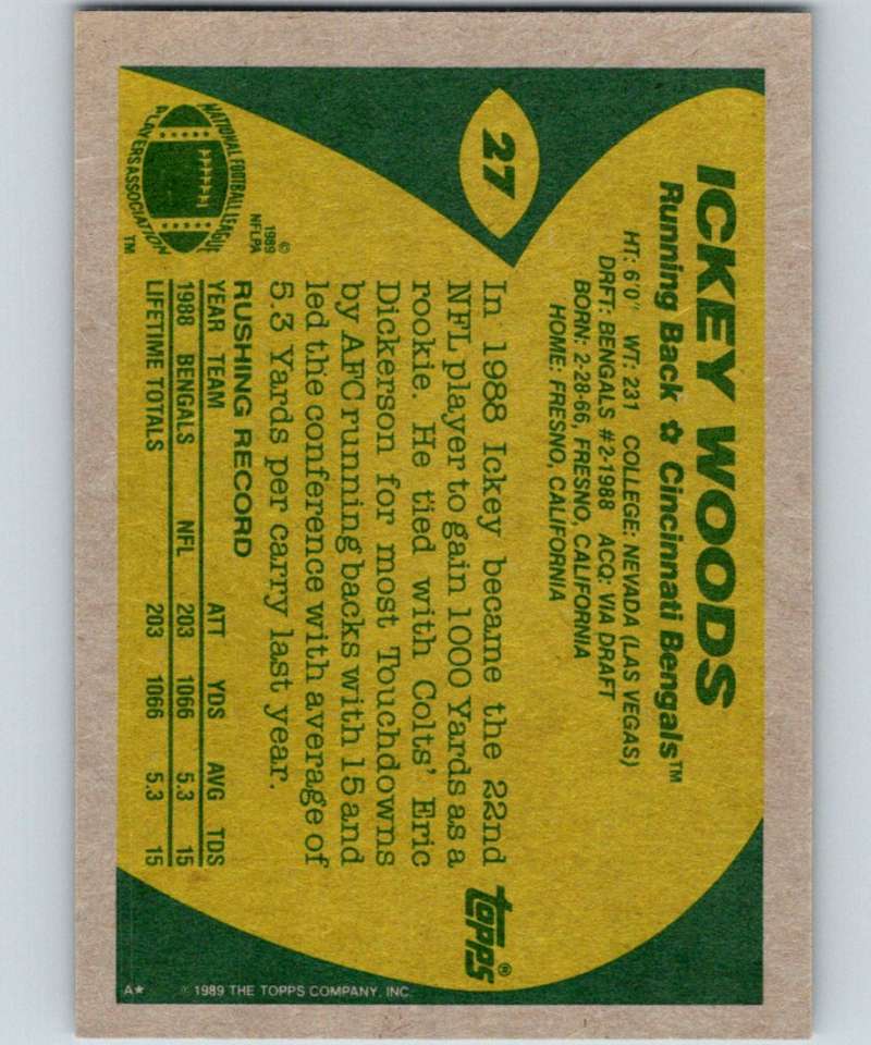 1989 Topps #27 Ickey Woods RC Rookie Bengals NFL Football