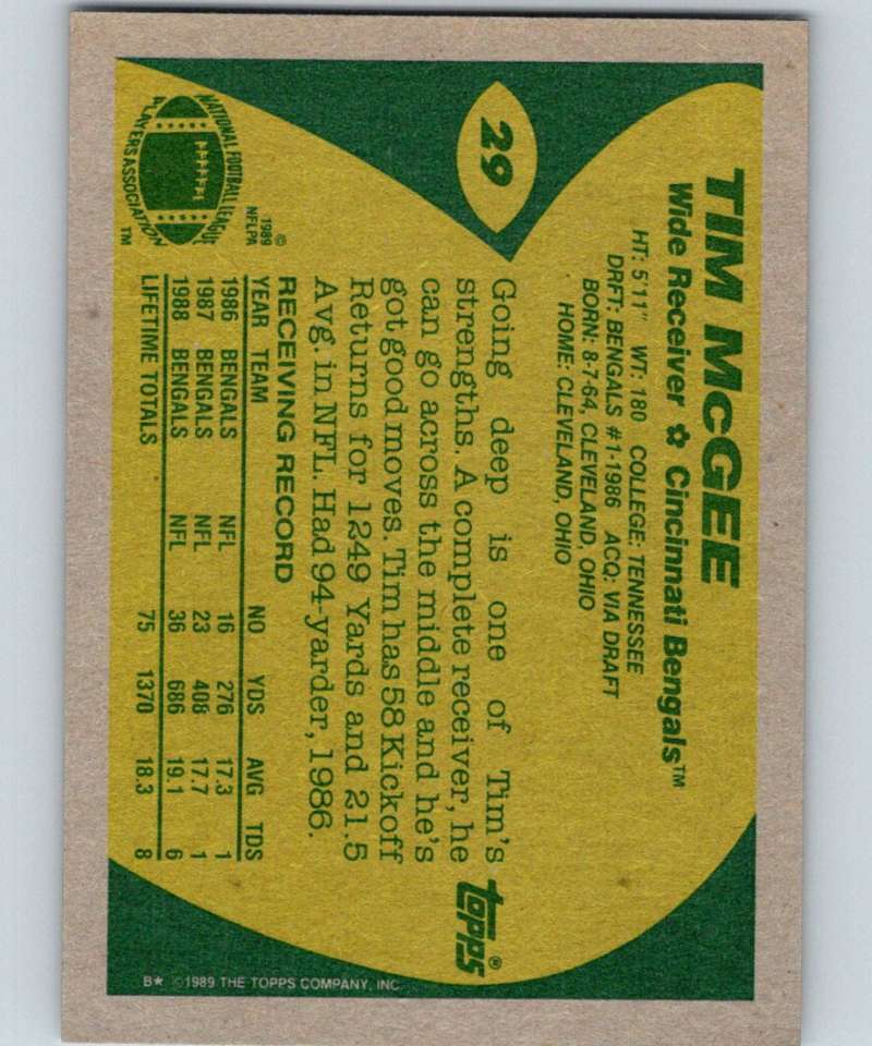 1989 Topps #29 Tim McGee Bengals NFL Football Image 2