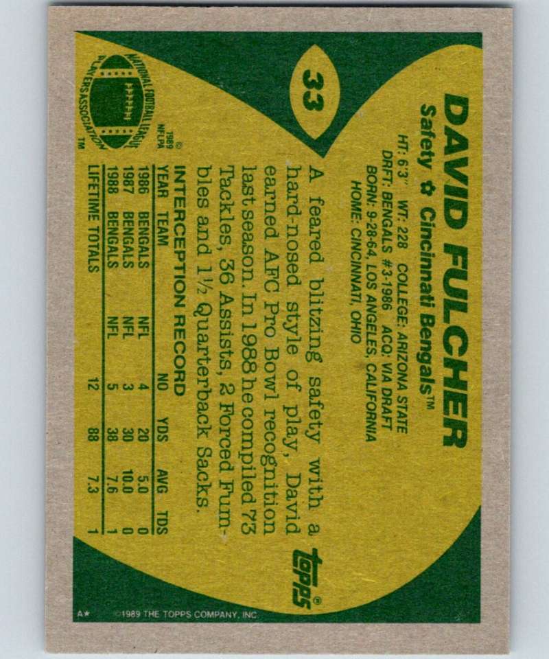 1989 Topps #33 David Fulcher Bengals NFL Football Image 2