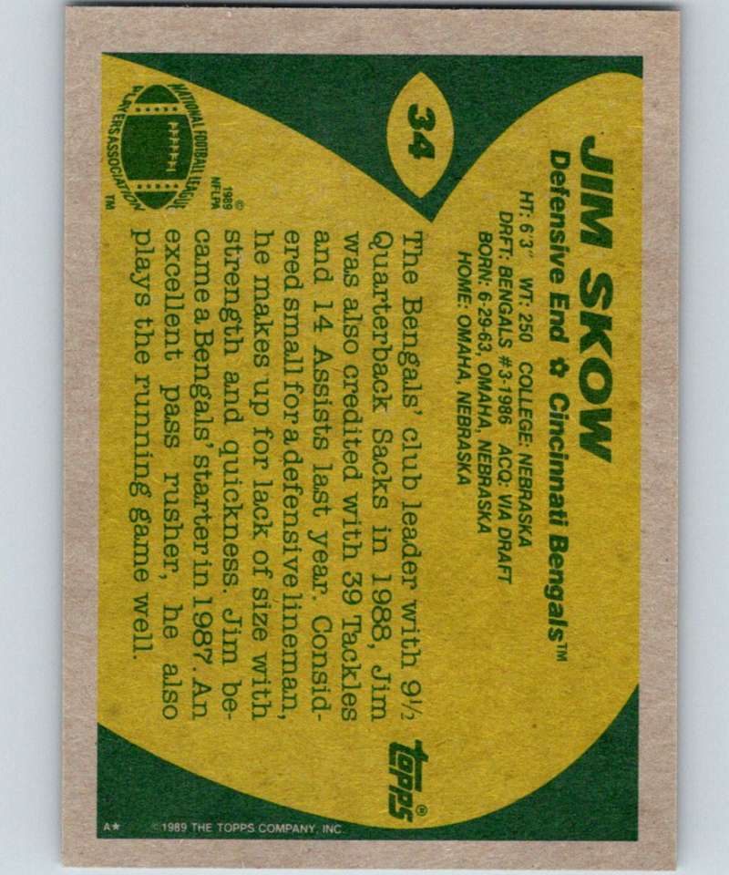 1989 Topps #34 Jim Skow Bengals NFL Football Image 2