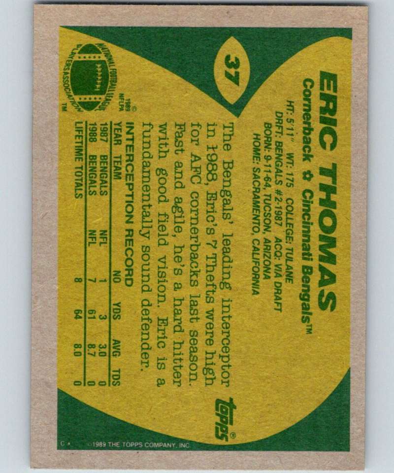 1989 Topps #37 Eric Thomas RC Rookie Bengals NFL Football Image 2