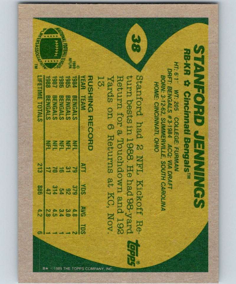 1989 Topps #38 Stanford Jennings Bengals NFL Football Image 2